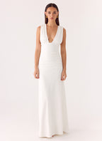 Elegant Collection | White Maxi Dress with Deep Plunge Neckline | Body-Hugging Silhouette for Effortless Elegance