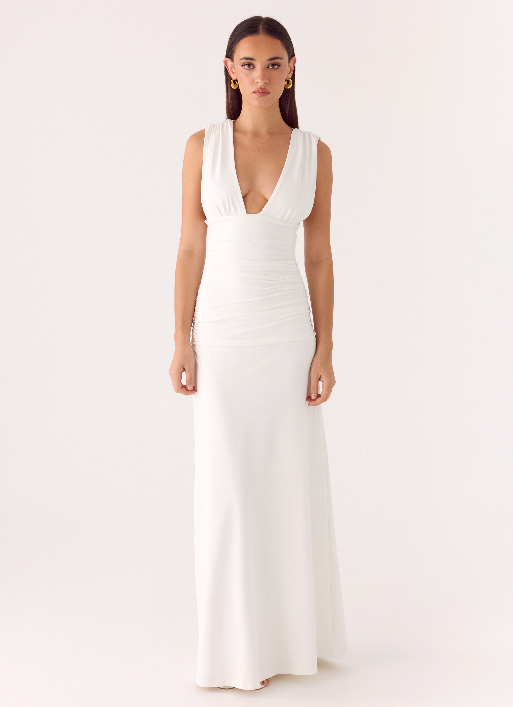 Elegant Collection | White Maxi Dress with Deep Plunge Neckline | Body-Hugging Silhouette for Effortless Elegance
