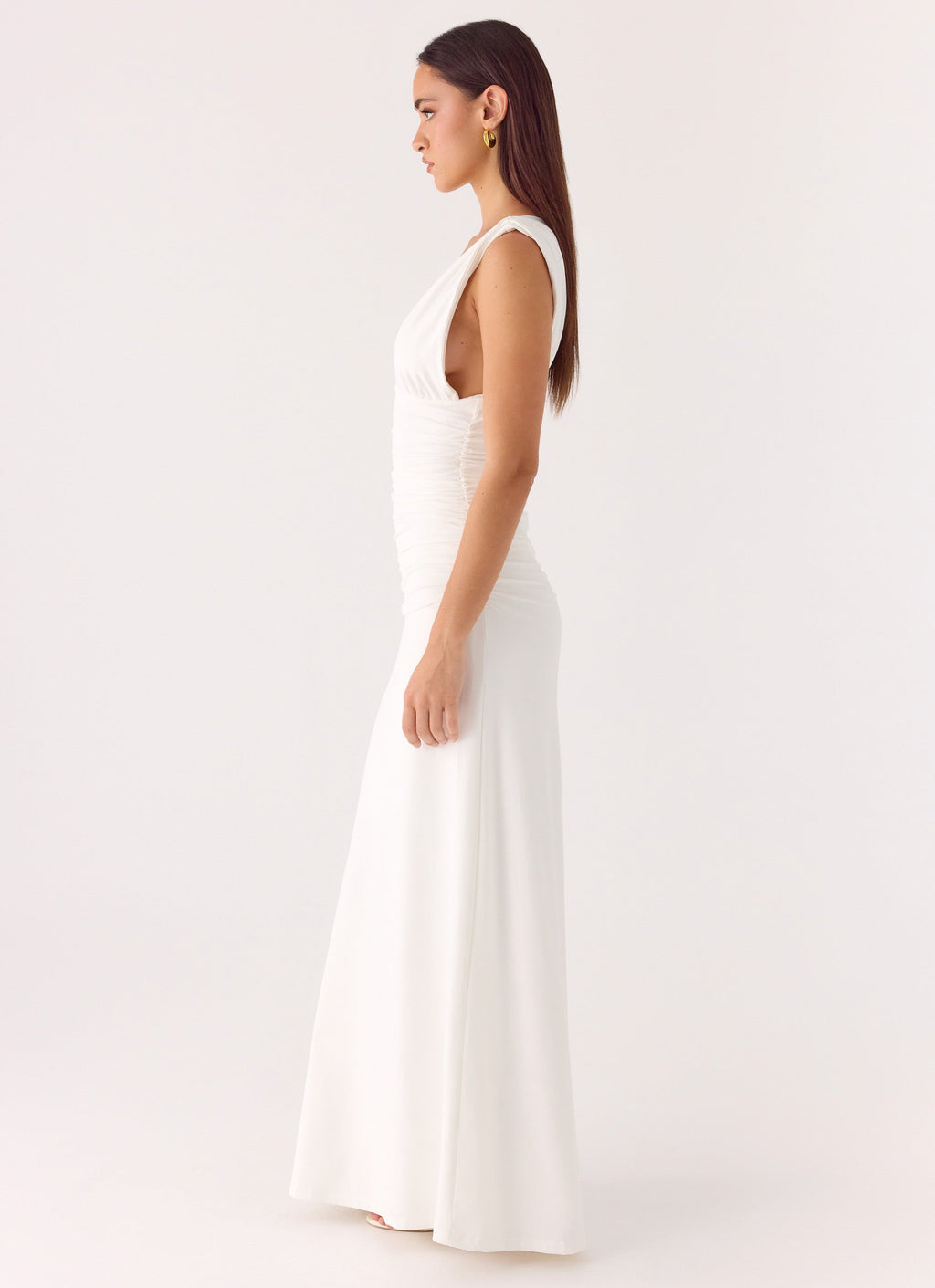 Elegant Collection | White Maxi Dress with Deep Plunge Neckline | Body-Hugging Silhouette for Effortless Elegance