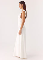 Elegant Collection | White Maxi Dress with Deep Plunge Neckline | Body-Hugging Silhouette for Effortless Elegance