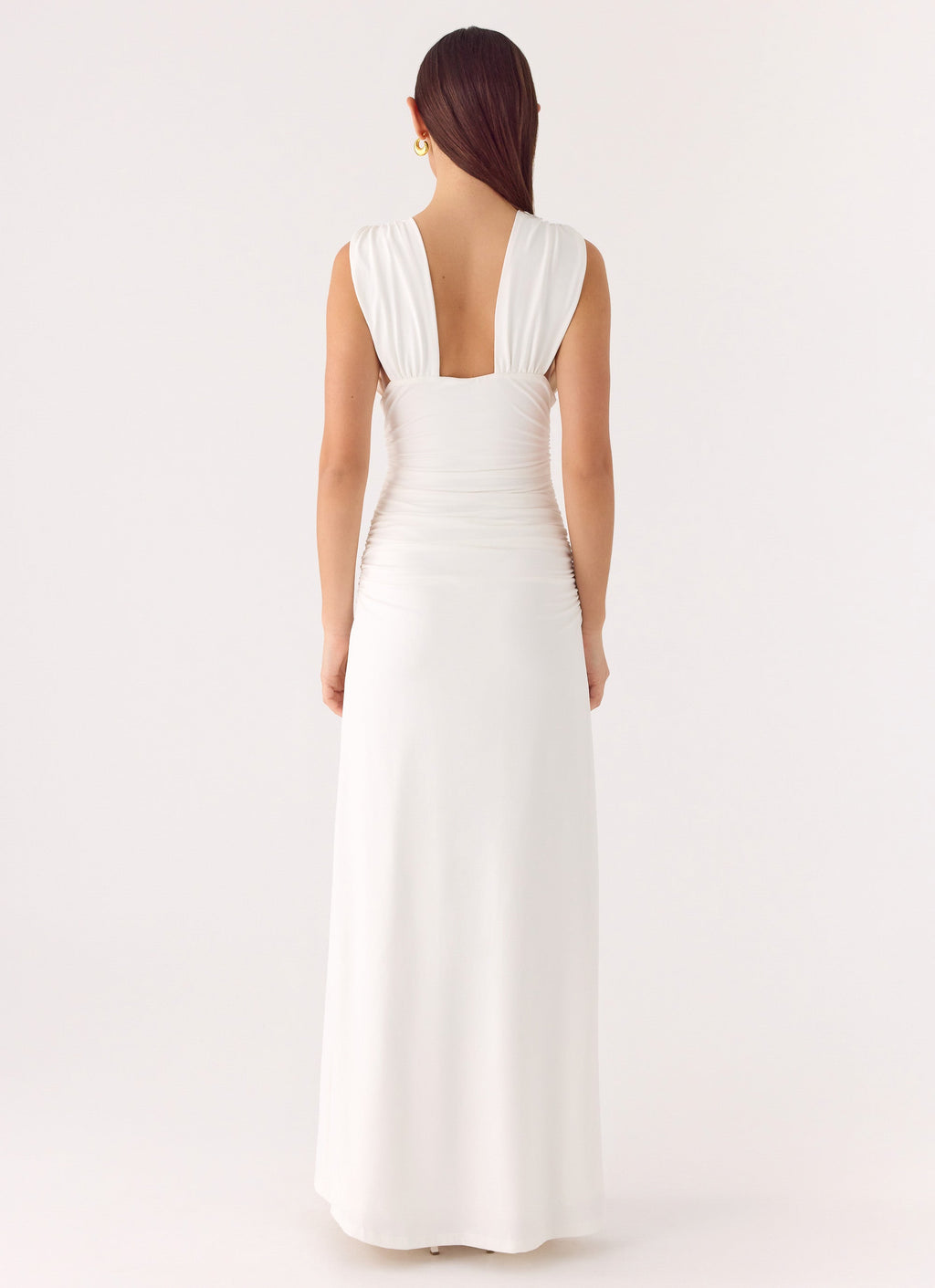 Elegant Collection | White Maxi Dress with Deep Plunge Neckline | Body-Hugging Silhouette for Effortless Elegance