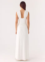 Elegant Collection | White Maxi Dress with Deep Plunge Neckline | Body-Hugging Silhouette for Effortless Elegance
