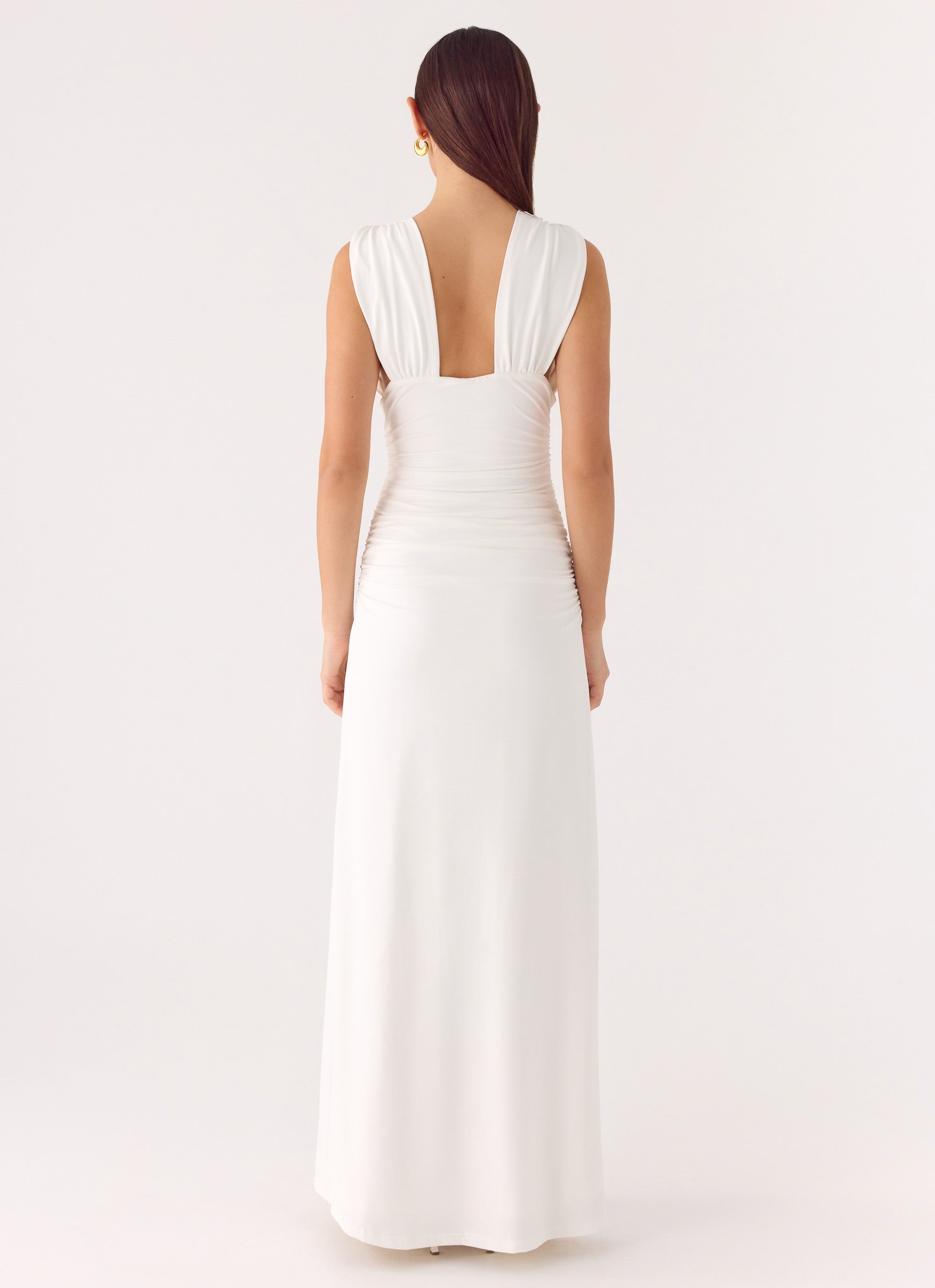 Elegant Collection | White Maxi Dress with Deep Plunge Neckline | Body-Hugging Silhouette for Effortless Elegance