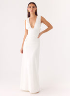 Elegant Collection | White Maxi Dress with Deep Plunge Neckline | Body-Hugging Silhouette for Effortless Elegance