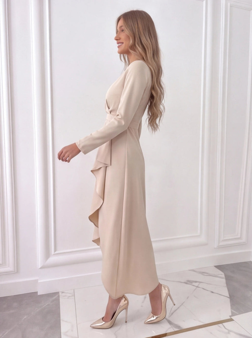 White Midi Dress — Asymmetric Cut