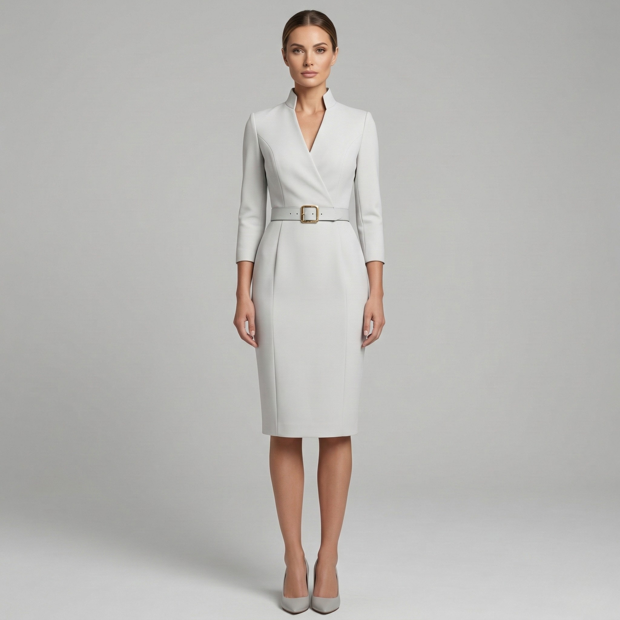 Elegant Collection | White Midi Dress with Defined Belted Waist | Tailored Design for Timeless Sophistication