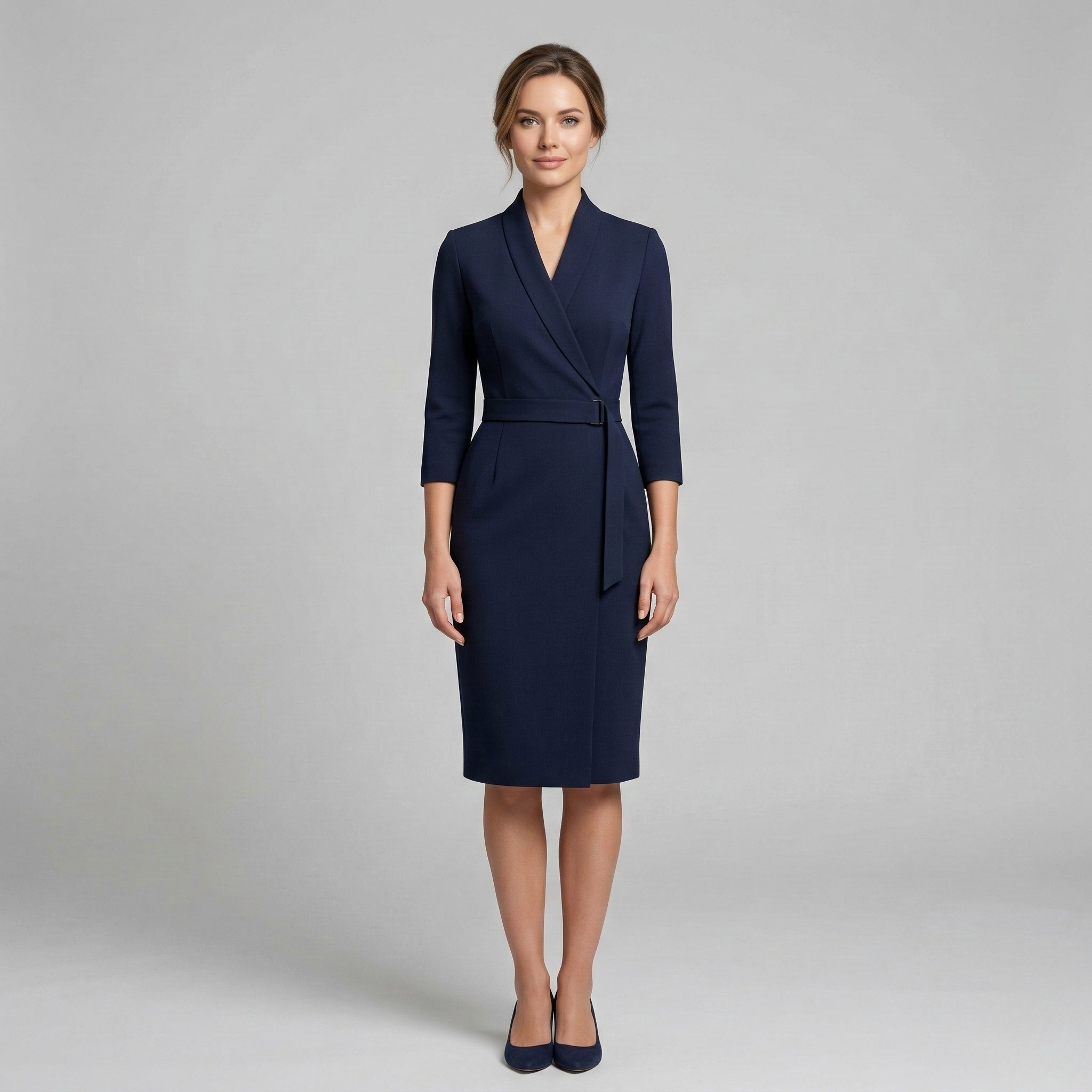 Elegant Collection | White Midi Dress with Defined Belted Waist | Tailored Design for Timeless Sophistication