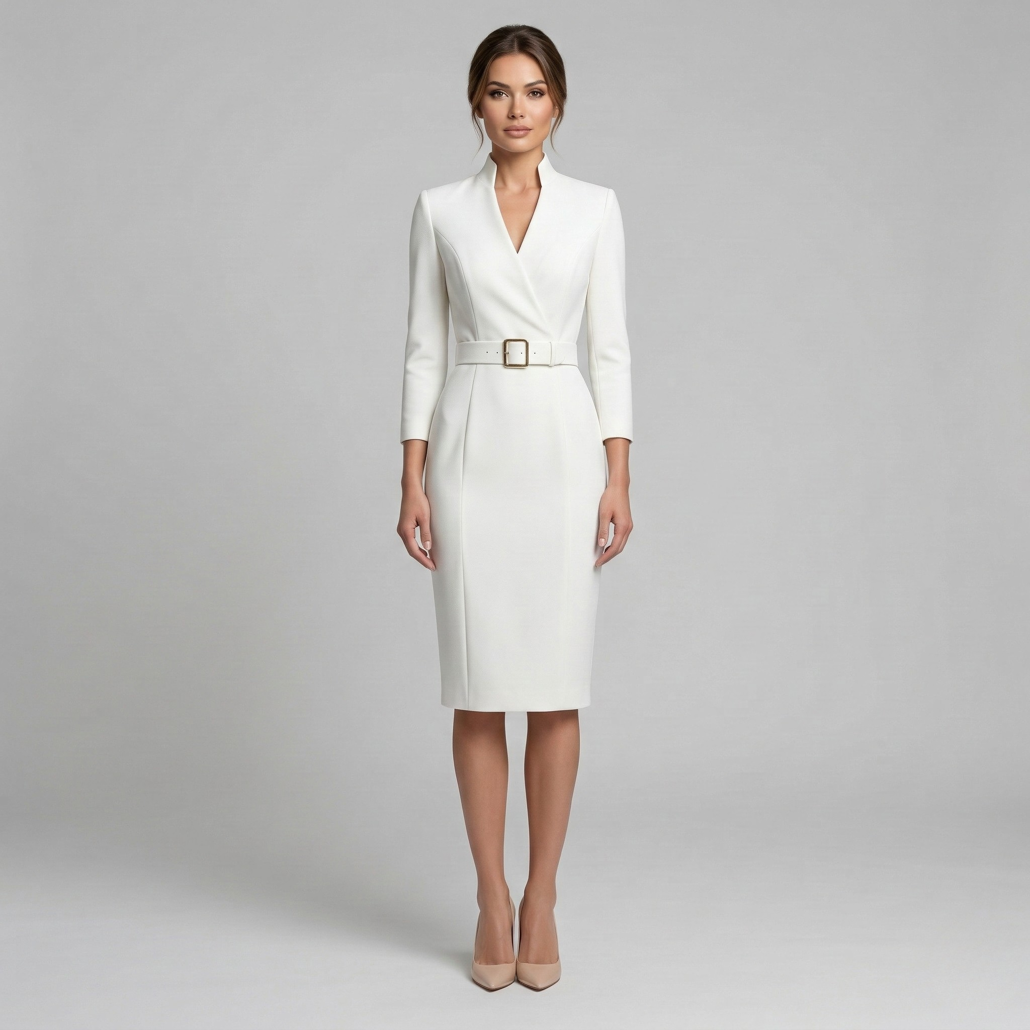 Elegant Collection | White Midi Dress with Defined Belted Waist | Tailored Design for Timeless Sophistication
