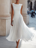 White Draped-Neck Midi Dress — Pleated Skirt