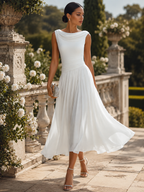 White Draped-Neck Midi Dress — Pleated Skirt