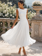 White Draped-Neck Midi Dress — Pleated Skirt