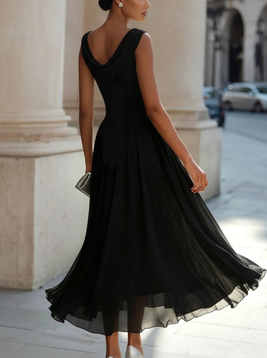 White Draped-Neck Midi Dress — Pleated Skirt