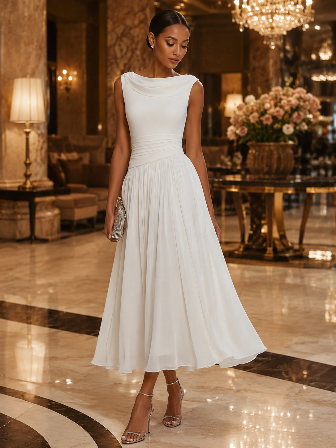 White Draped-Neck Midi Dress — Pleated Skirt