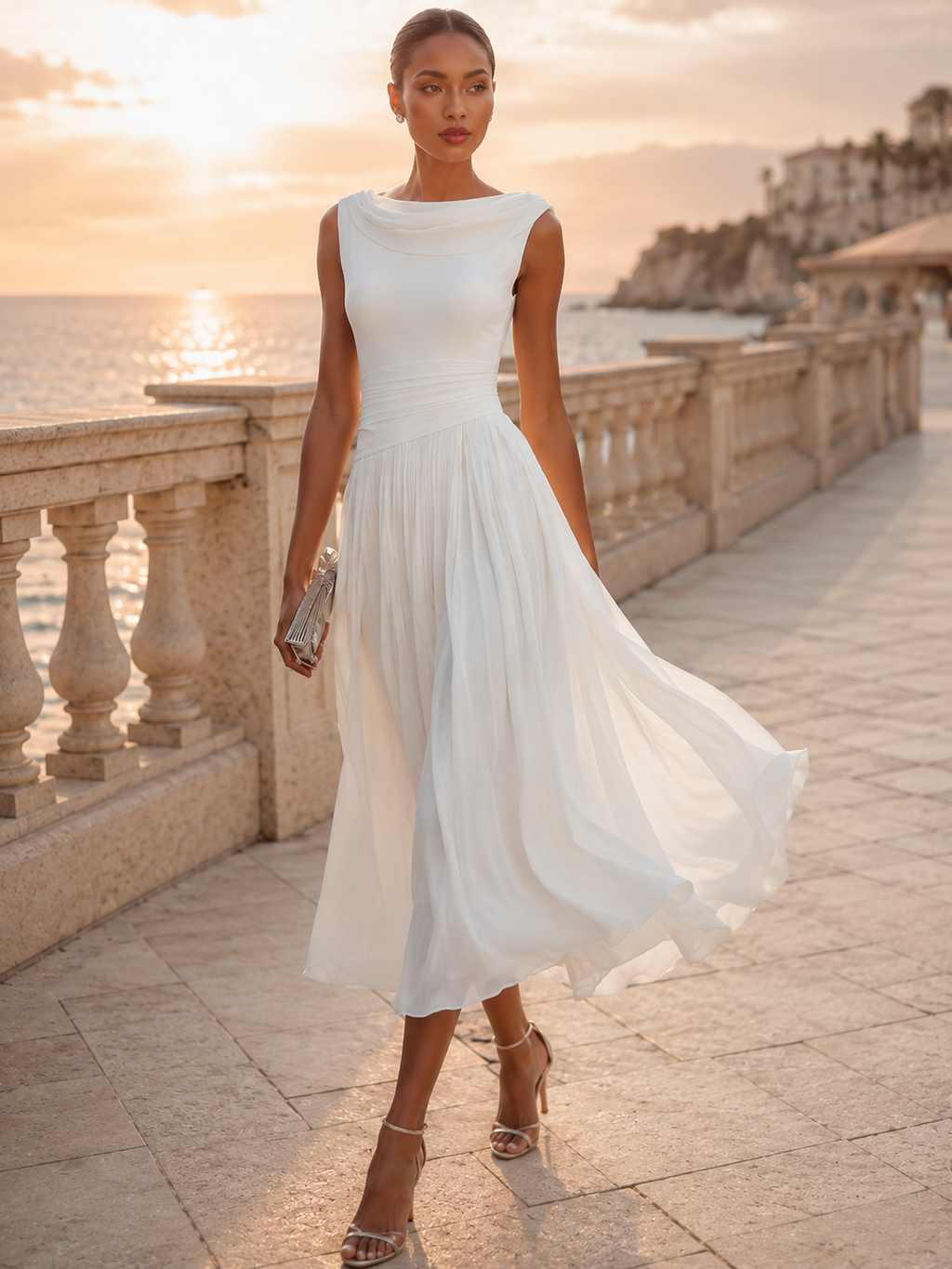 White Draped-Neck Midi Dress — Pleated Skirt
