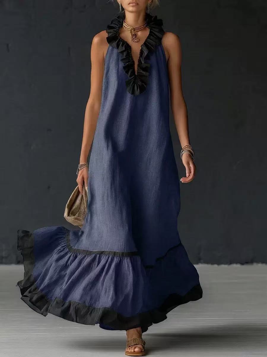 Women's Maxi Dress with Sleeveless V-Neck & Ruffle Hem –...