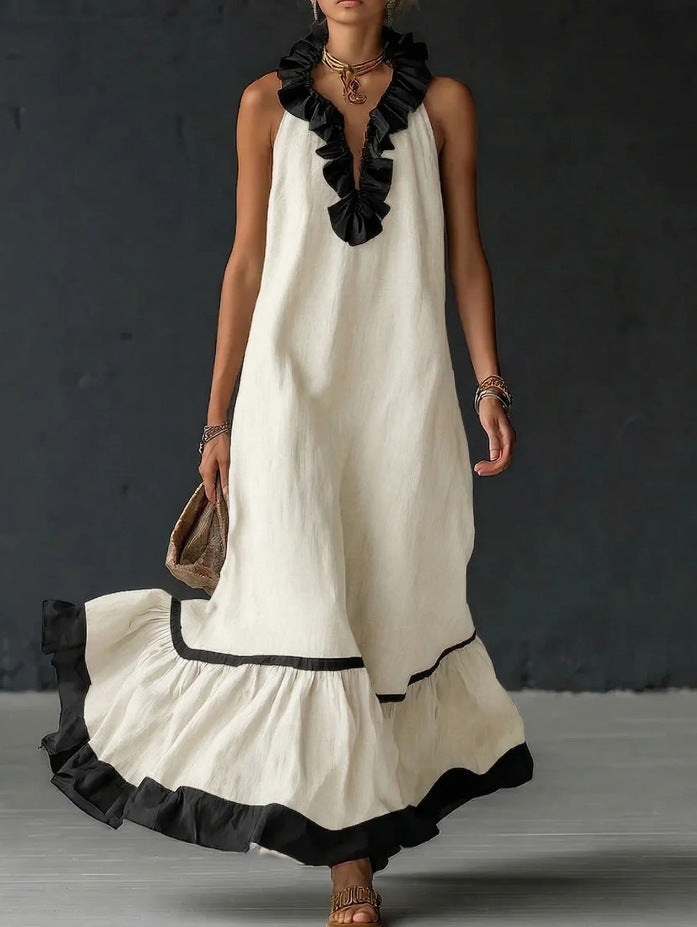 Women's Maxi Dress with Sleeveless V-Neck & Ruffle Hem –...