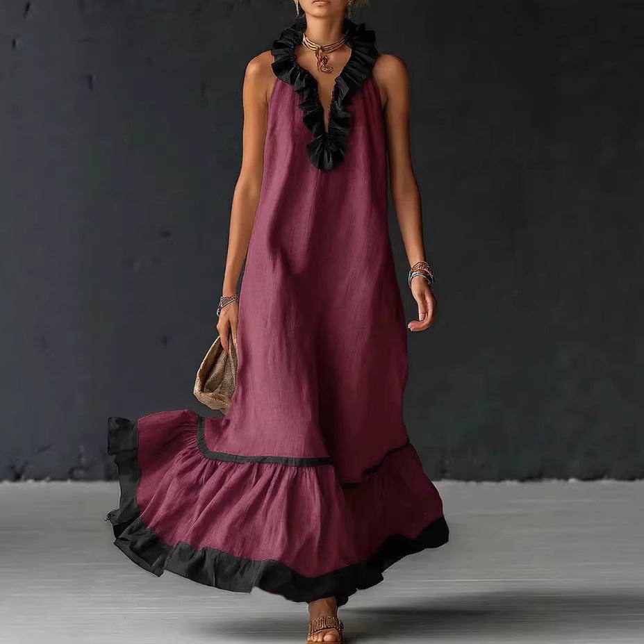 Women's Maxi Dress with Sleeveless V-Neck & Ruffle Hem –...