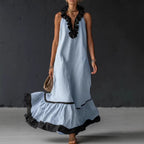 Women's Maxi Dress with Sleeveless V-Neck & Ruffle Hem –...
