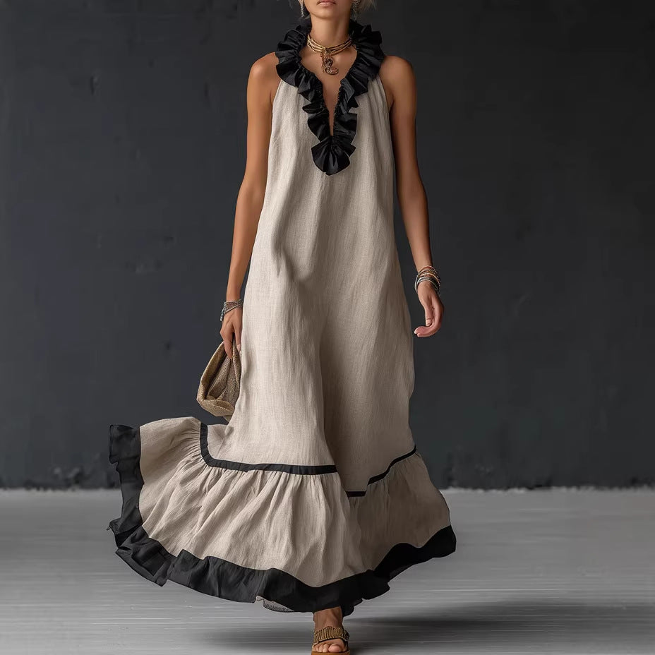 Women's Maxi Dress with Sleeveless V-Neck & Ruffle Hem –...