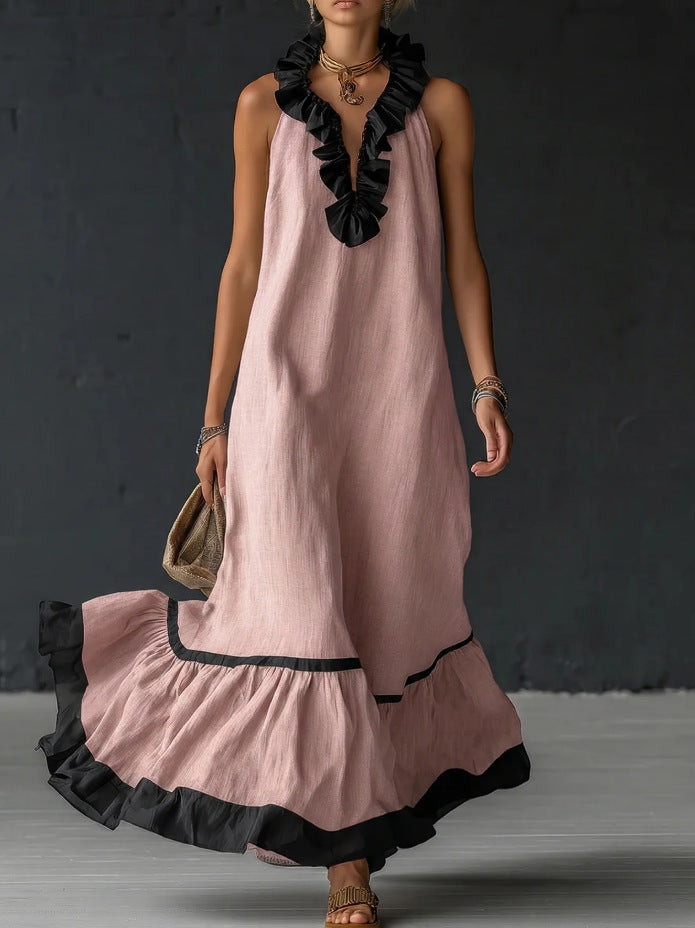 Women's Maxi Dress with Sleeveless V-Neck & Ruffle Hem –...