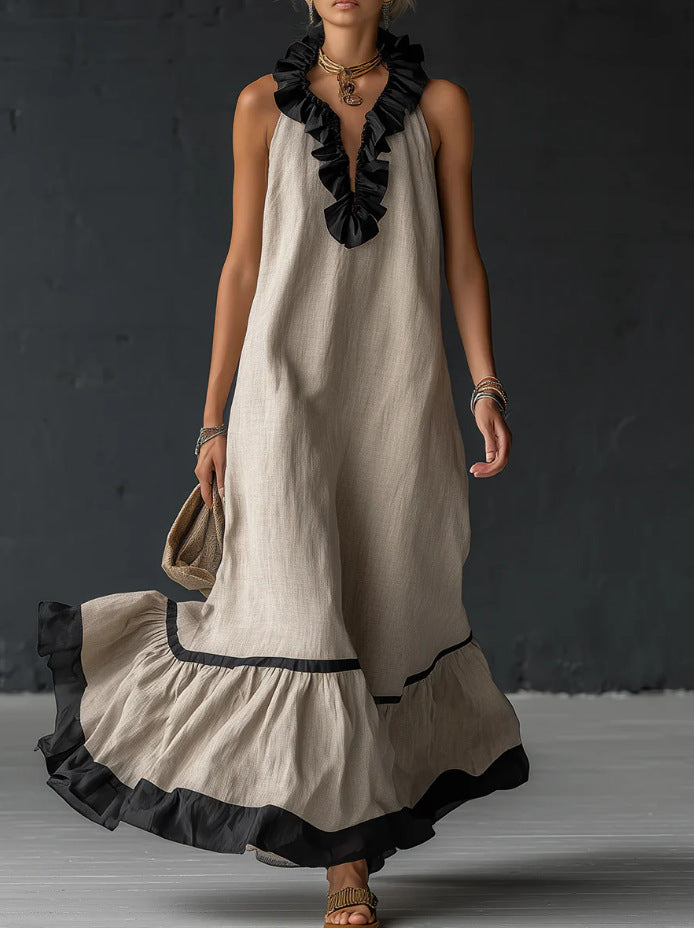 Women's Maxi Dress with Sleeveless V-Neck & Ruffle Hem –...