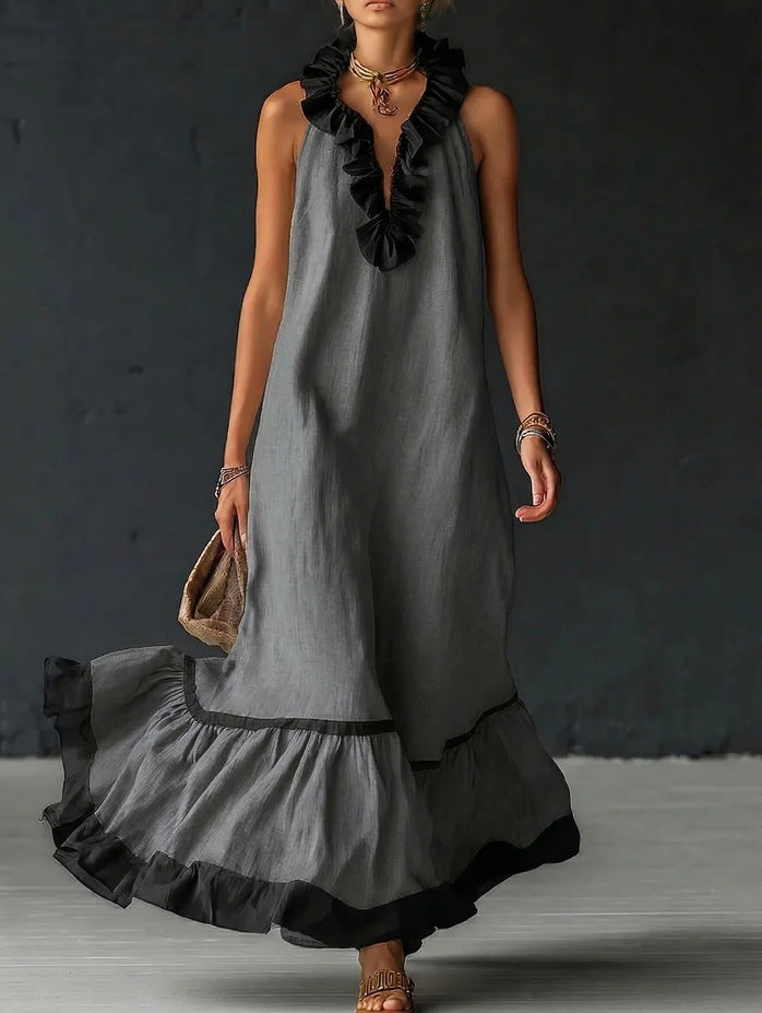 Women's Maxi Dress with Sleeveless V-Neck & Ruffle Hem –...