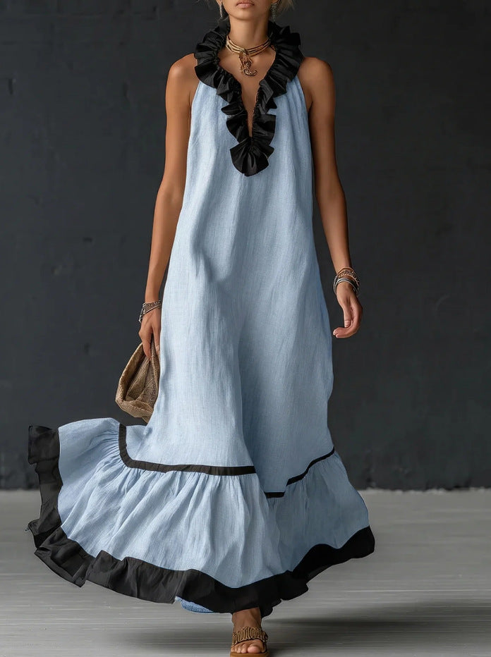 Women's Maxi Dress with Sleeveless V-Neck & Ruffle Hem –...