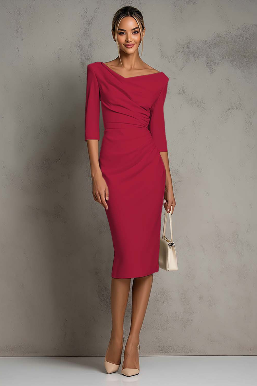 Elegant Collection | Women's Midi Dress with V-Neck & Ruched Slit | Stylish Comfort for Formal Occasions