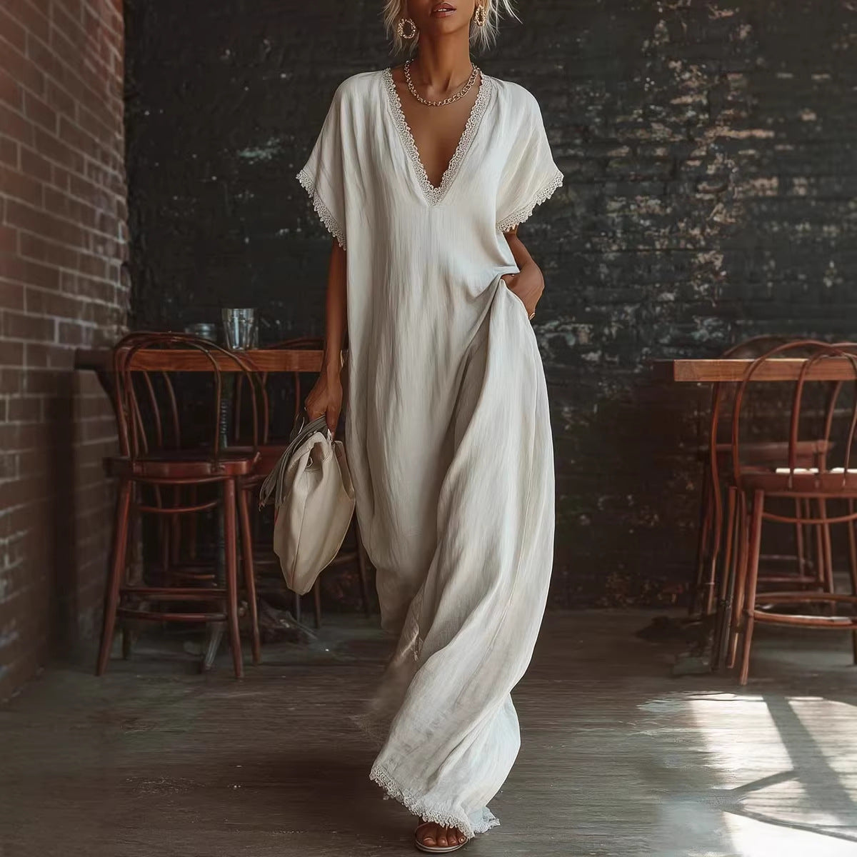 Elegant Commuter | White Maxi Dress with Lace Trim | Loose Fit for Effortless Style