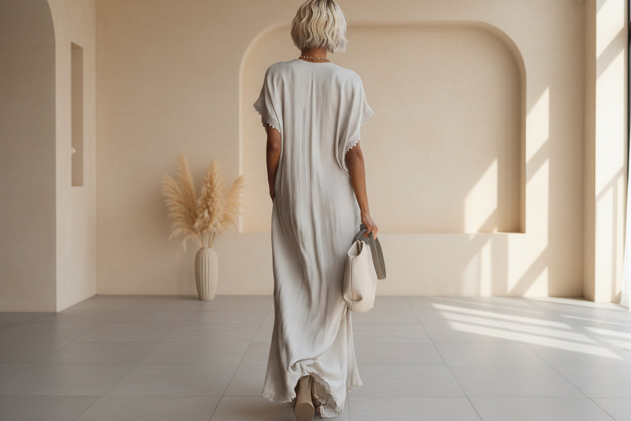 Elegant Commuter | White Maxi Dress with Lace Trim | Loose Fit for Effortless Style