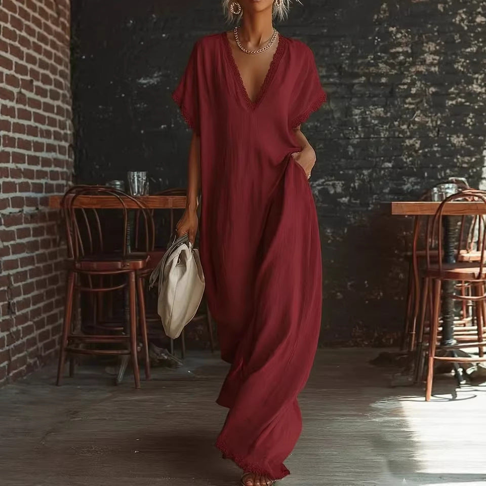 Elegant Commuter | White Maxi Dress with Lace Trim | Loose Fit for Effortless Style