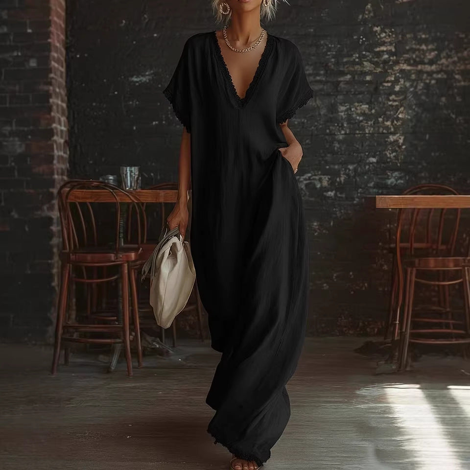 Elegant Commuter | White Maxi Dress with Lace Trim | Loose Fit for Effortless Style