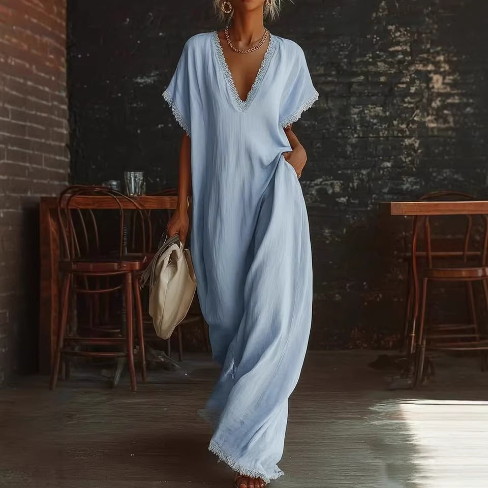 Elegant Commuter | White Maxi Dress with Lace Trim | Loose Fit for Effortless Style