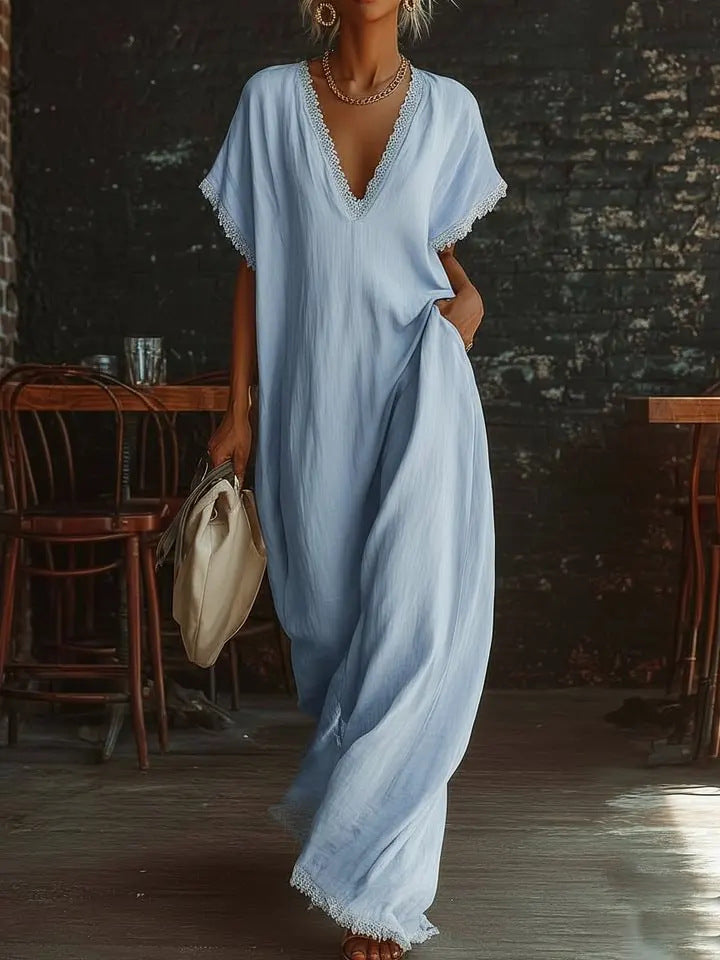 Elegant Commuter | White Maxi Dress with Lace Trim | Loose Fit for Effortless Style