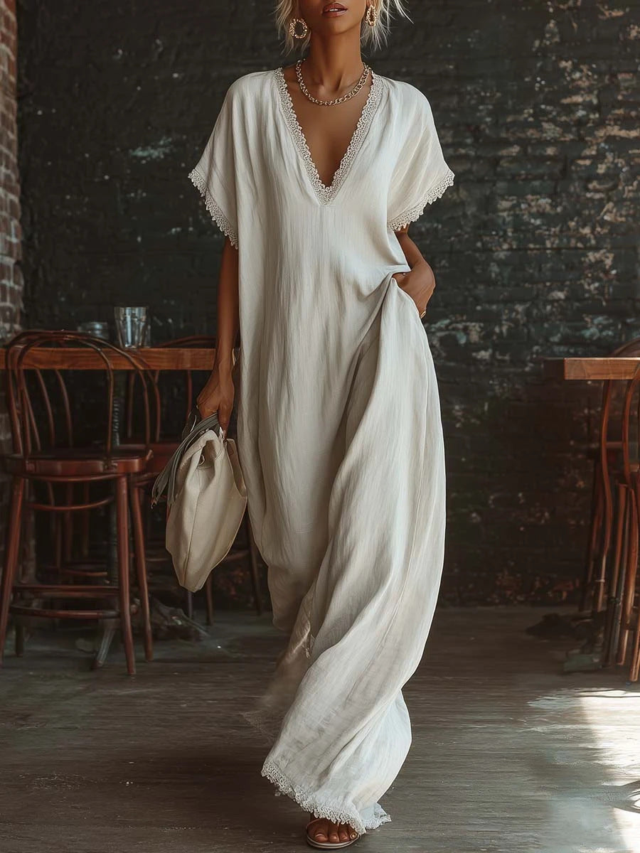 Elegant Commuter | White Maxi Dress with Lace Trim | Loose Fit for Effortless Style