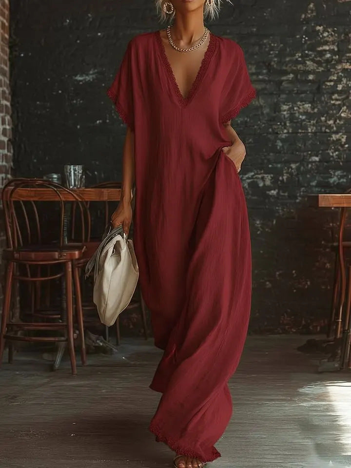 Elegant Commuter | White Maxi Dress with Lace Trim | Loose Fit for Effortless Style