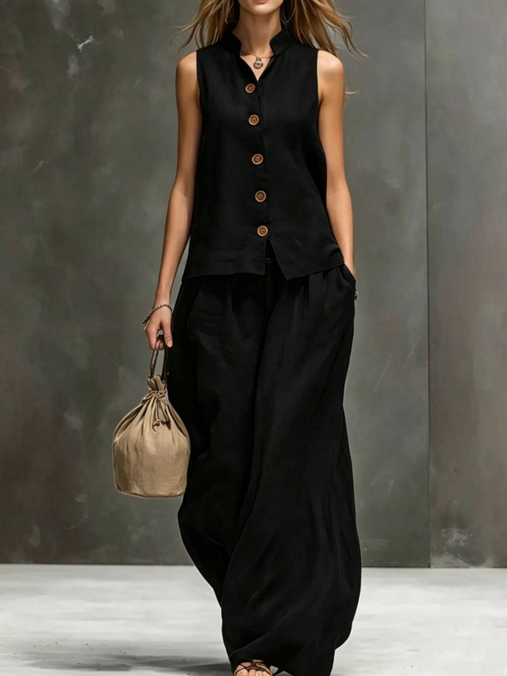 Elegant Cotton-Linen Women's Two Piece Set with Sleeveless Vest & Wide-Leg Pants for Effortless Style
