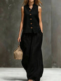 Elegant Cotton-Linen Women's Two Piece Set with Sleeveless Vest & Wide-Leg Pants for Effortless Style