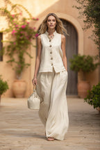 Elegant Cotton-Linen Women's Two Piece Set with Sleeveless Vest & Wide-Leg Pants for Effortless Style