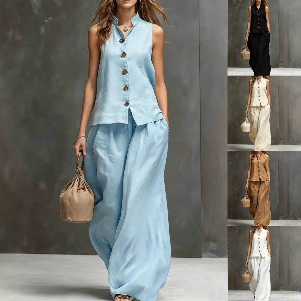 Elegant Cotton-Linen Women's Two Piece Set with Sleeveless Vest & Wide-Leg Pants for Effortless Style