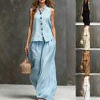 Elegant Cotton-Linen Women's Two Piece Set with Sleeveless Vest & Wide-Leg Pants for Effortless Style