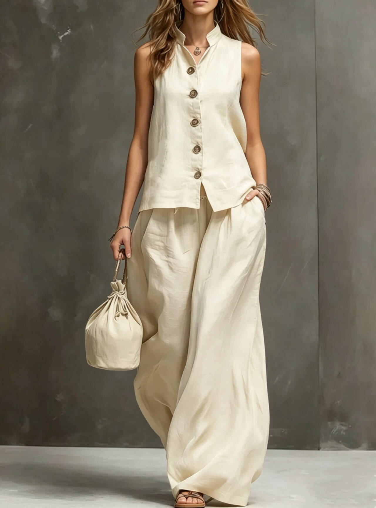 Elegant Cotton-Linen Women's Sleeveless Vest & Wide-Leg Matching Set | Effortless Co-Ord