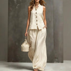 Elegant Cotton-Linen Women's Two Piece Set with Sleeveless Vest & Wide-Leg Pants for Effortless Style