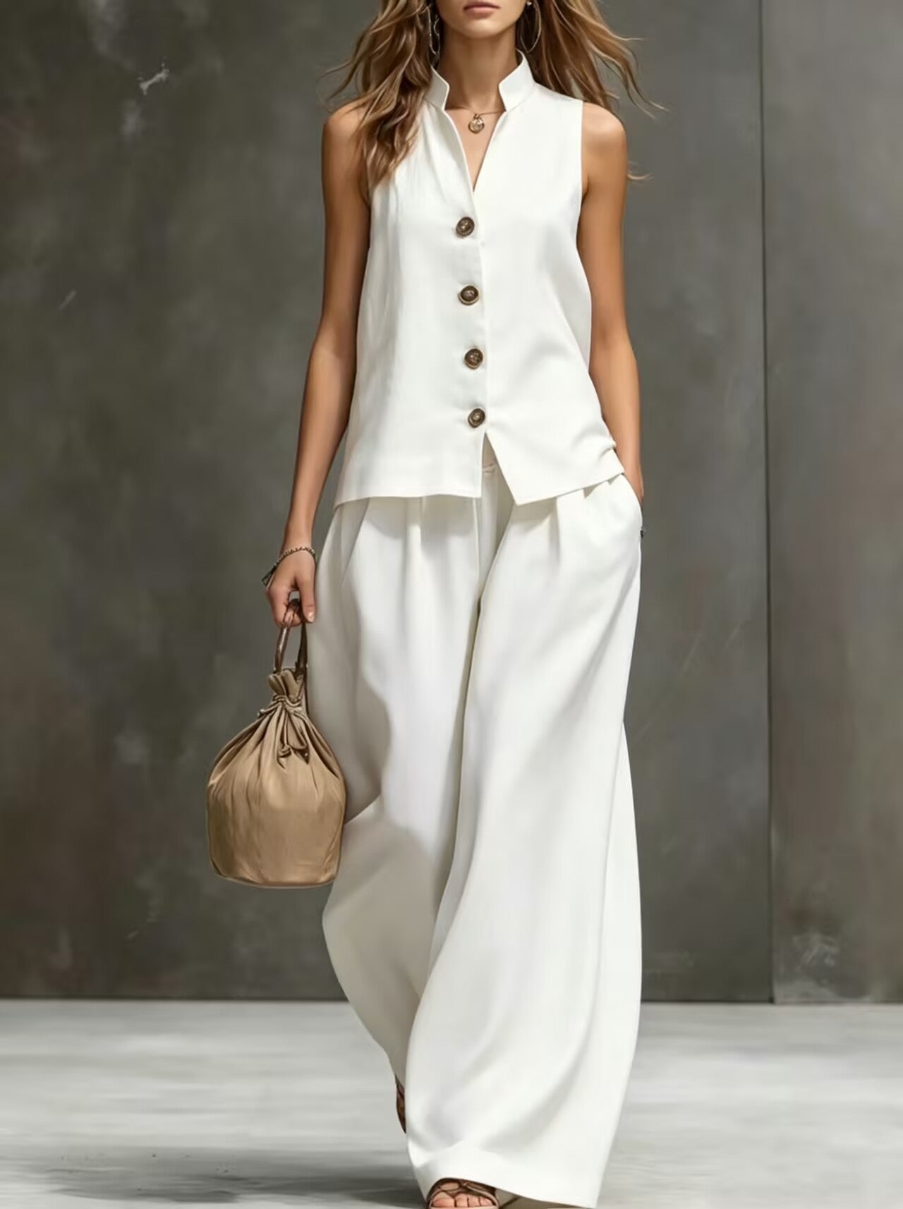 Elegant Cotton-Linen Women's Sleeveless Vest & Wide-Leg Matching Set | Effortless Co-Ord