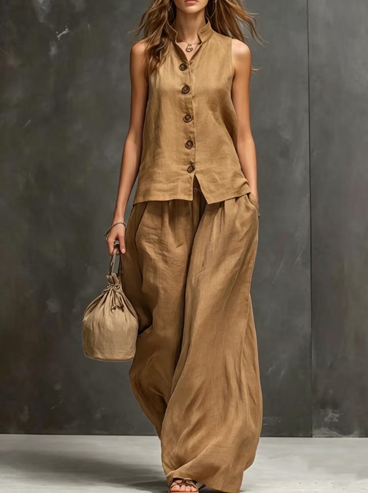 Elegant Cotton-Linen Women's Sleeveless Vest & Wide-Leg Matching Set | Effortless Co-Ord