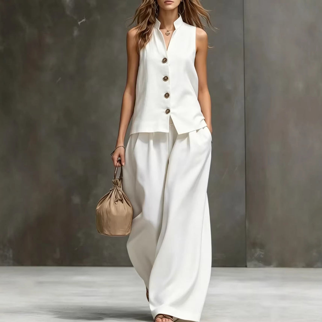 Elegant Cotton-Linen Women's Two Piece Set with Sleeveless Vest & Wide-Leg Pants for Effortless Style