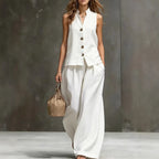 Elegant Cotton-Linen Women's Two Piece Set with Sleeveless Vest & Wide-Leg Pants for Effortless Style