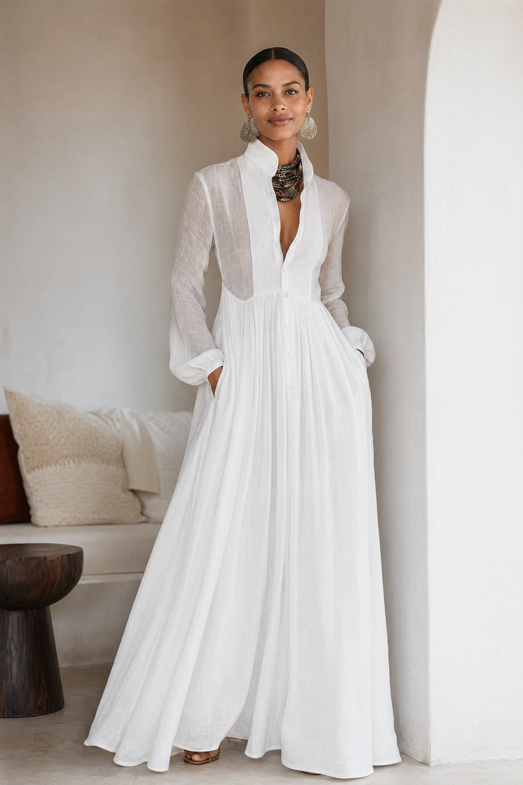 Cotton-Linen Patchwork Maxi Dress — Long Sleeve