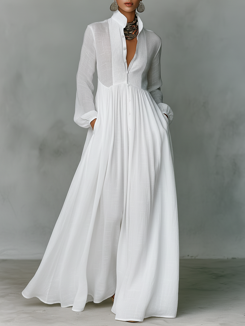 Cotton-Linen Patchwork Maxi Dress — Long Sleeve