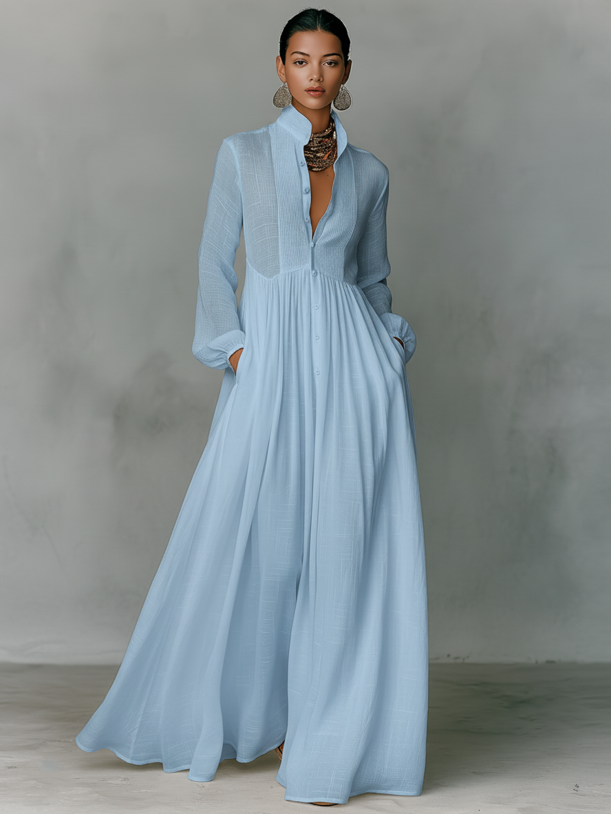 Cotton-Linen Patchwork Maxi Dress — Long Sleeve